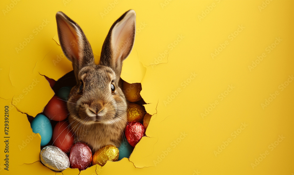 Easter Bunny peeking out of a hole with chocolate easter eggs on pastel wall banner, Generative AI - obrazy, fototapety, plakaty 