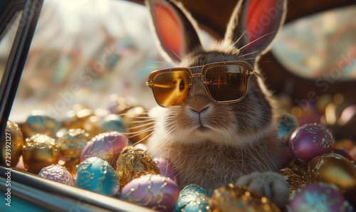 Cute Easter Bunny with sunglasses looking out of a car filed with easter eggs, Generative AI