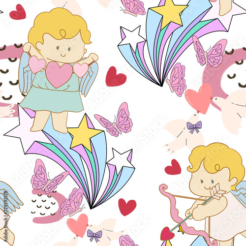 Valentine party doodle cupid seamless pattern charracter cartoon for wedding card, valentine 's day, interior design photo