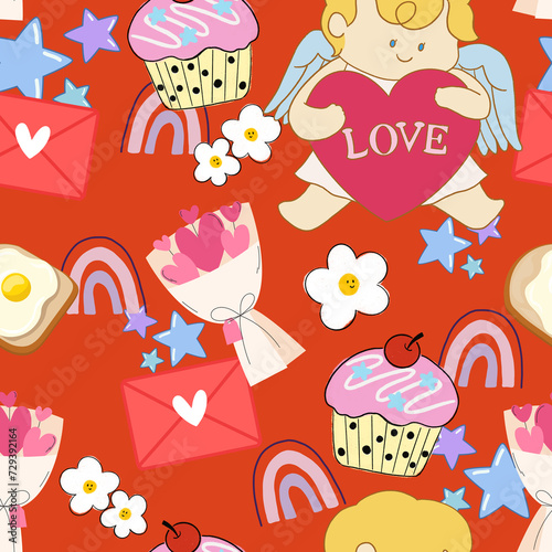 Valentine party doodle cupid seamless pattern charracter cartoon for wedding card, valentine 's day, interior design photo