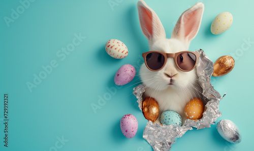 Easter Bunny peeking out of a hole with chocolate easter eggs on pastel wall banner, Generative AI