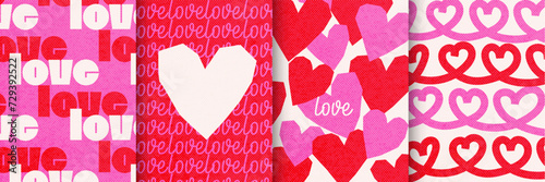 Bold Happy Valentines Day cards set. Geometric Abstract Art Design with Hearts and Typography Templates for celebration, ads, branding, banner, cover, label, poster. Vector textured illustration.