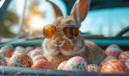 Cute Easter Bunny with sunglasses looking out of a car filed with easter eggs, Generative AI