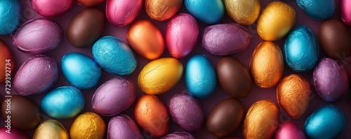 Colourful background of chocolate easter eggs collection banner, Easter concept  photo