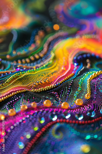 Colorful curves made of beads and yarn.