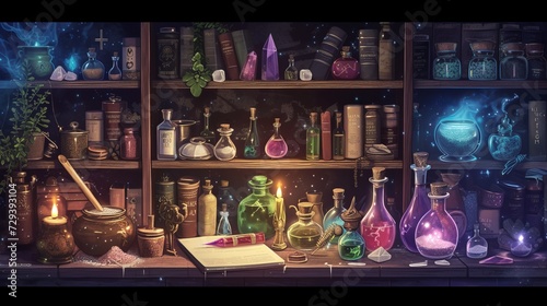 Illustration of occult magic magazine and shelf with various potions, bottles, poisons, crystals, salt. Alchemical medicine concept	 photo