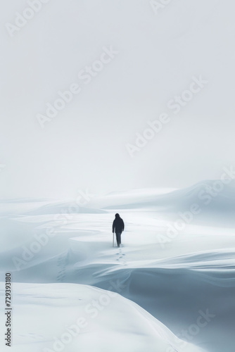 A man walking across a white landscape.