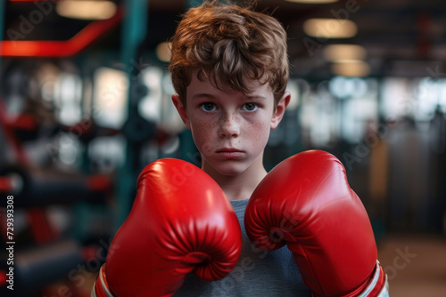 Boy in boxing gloves in gym with sports equipment. A boy preparing for a match with a concentrated look on his face
