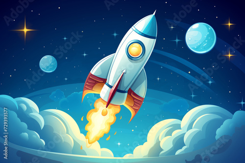 Rocket in space with stars and planets in the background illustration.