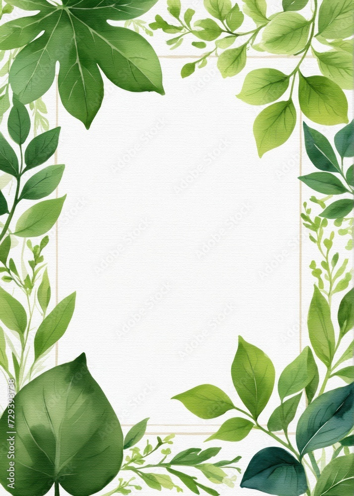Fototapeta premium Watercolor floral frame with leaves and flowers on white background
