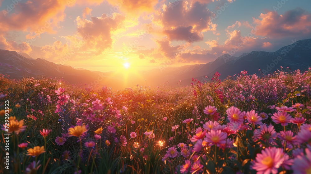 A peaceful spring meadow with blooming wildflowers and a gentle sunrise, symbolizing new beginnings. Flowers background.