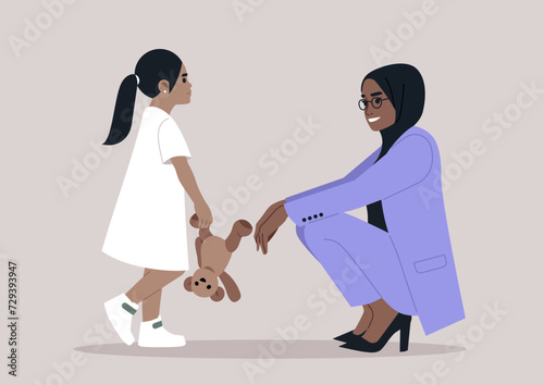 Heartwarming image captures a young girl in a white dress and a business woman in a lavender suit sharing a stuffed bear, showcasing a silent, tender connection between them