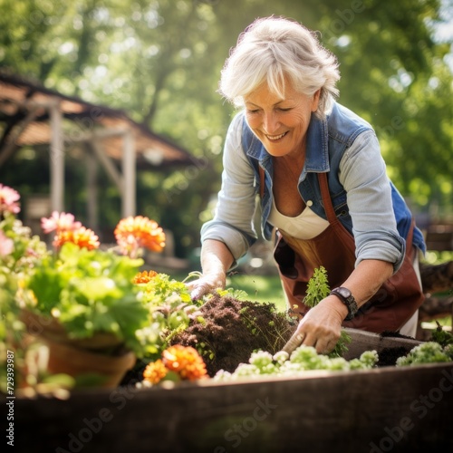 Stock image of an older woman enjoying a day of gardening, nurturing plants and flowers Generative AI