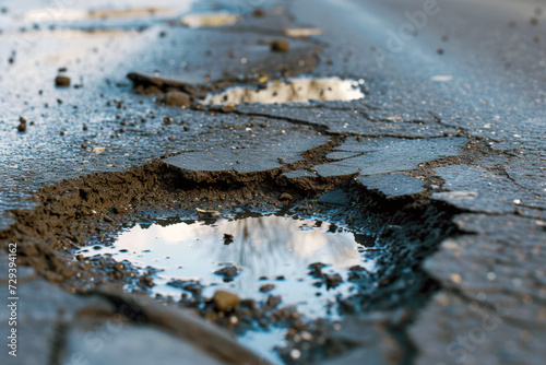 Damaged road with cracks and fissures with a puddle of water