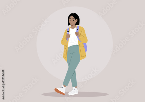 A young woman taking a relaxed walk, her posture exuding confidence and grace, dressed in a casual yet fashionable attire that suggests an urban setting
