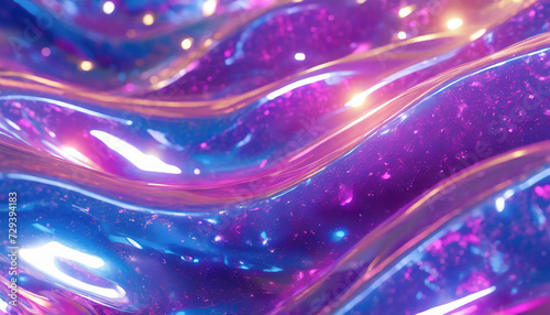 Abstract background of holographic pink and purple wavy shiny paint close-up