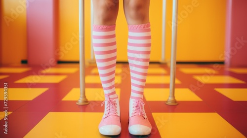 Women's legs, knee-high striped socks in vivid colors, playful patterns, pastel background, dreamy lighting, retro vibes Generative AI
