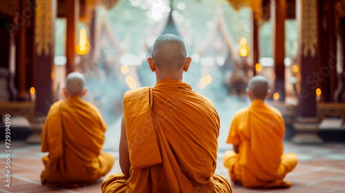Buddhist monks (bhikkhu) praying inside a temple - Buddhist religion concept