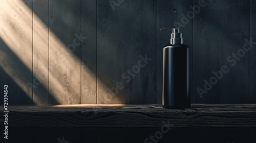 A matte black shampoo bottle with a silver cap, positioned on a dark wooden shelf with a misty background