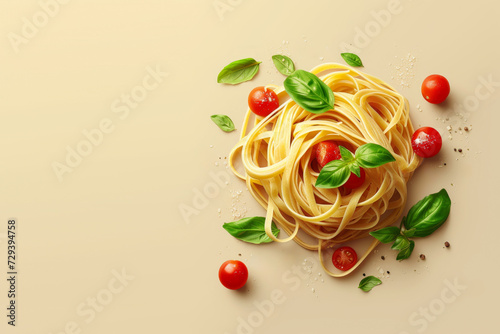 Pasta Linguine with cherry tomatoes and green basil, close up. White plate. Light brown background, top view. Space for text.