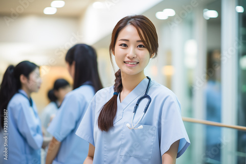 Free Download Asian Nurse. A professional Asian nurse smiling confidently, wearing a stethoscope and a scrub, in a bright hospital corridor. - GFXLoad