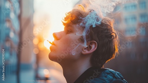 teenager smokes cigarette, concept of early smoking and harm to health in children photo