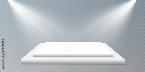 Light catwalk on transparent background, neon light from spotlight, empty dark stage and studio room with floating smoke. For product demonstrations.