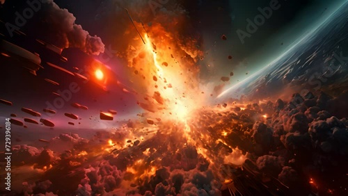 An apocalypse in space destroys cosmic objects. Rockets fight for world domination photo