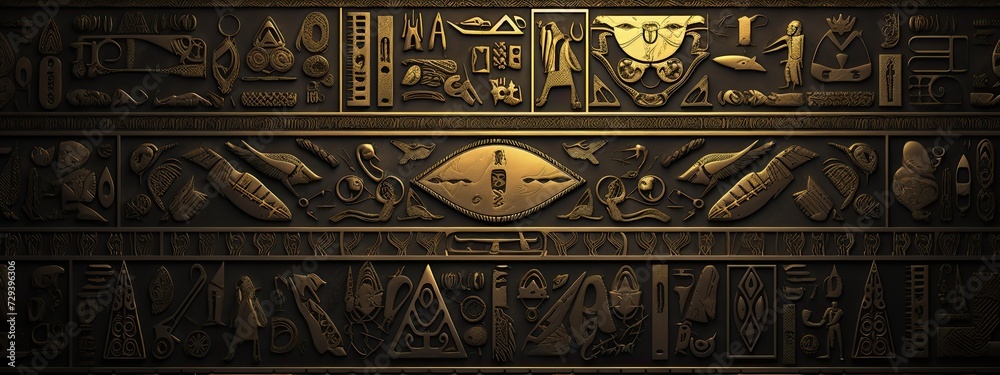 A stunning black and gold background with intricate patterns and textures, reminiscent of ancient Egyptian hieroglyphics