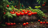 young plants, tomatoes, small red cherries growing on the ground in the rain, save lives, banner