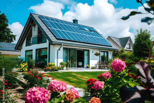 panneaux solaires installés sur le toit d'un maison avec jardin photo