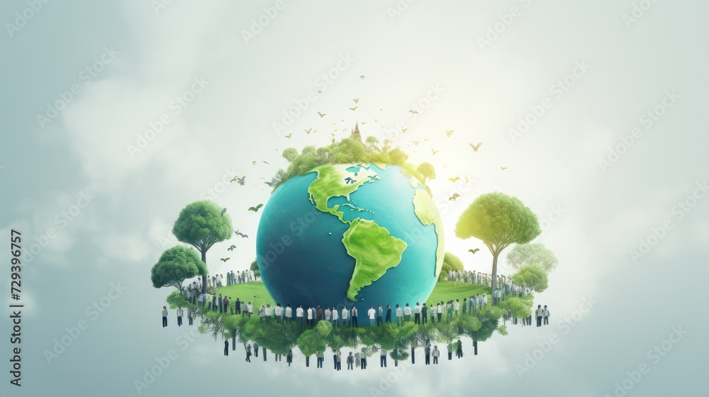 A diverse group of illustrated people encircles a large globe with growing trees A diverse group of illustrated people encircles a large globe with growing trees