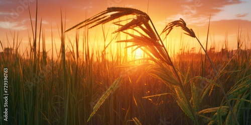 Warm sunset light filters through the tall grasses of an agricultural field of the rural landscape.