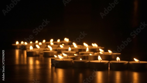Rows of burning candles. The candles burn against a black backgrounds. The concept of a memorial day. Background for advertising and design projects.