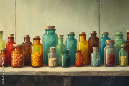 Pills in a glass jar. Bottles of vitamins. Watercolor image of jars with tablets.