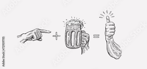 Illustration in engraving style, consisting of three hands and a set of gestures symbolizing a call to drink a drink (beer).