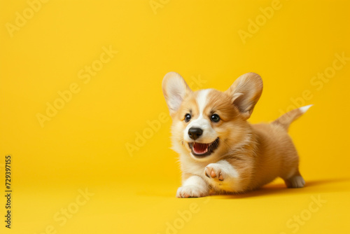   orgi puppy playing. Vibrant yellow background. Space for text.