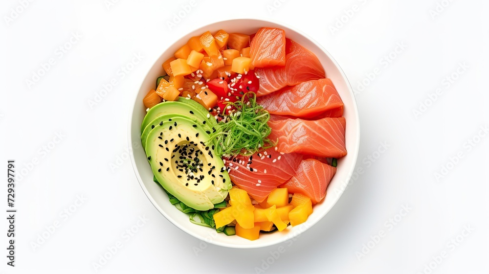 Hawaiian salmon poke bowl with seaweed, avocado, sesame seeds and mango, pumpkin isolated on white background, top view
