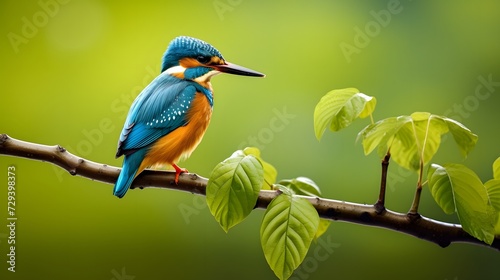 Common kingfisher sits on willow branch with fresh green, Hesse, Germany