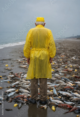 Un homme agé seul sur une plage avec des poissons morts partout - generative AI photo