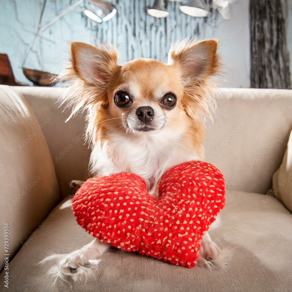 Cute chihuahua dog sat on sofa with Love heart cushion. Cute chihuahua dog sat on sofa with Love heart cushion.
