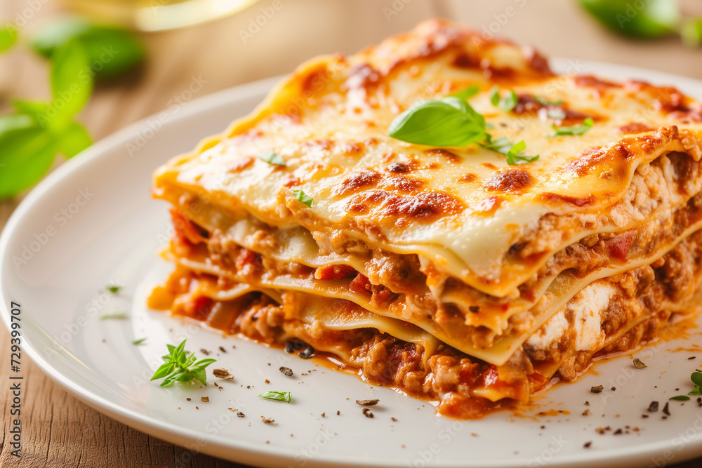 Piece of tasty hot lasagna. Traditional italian lasagna. Italian food. Close up lasagna. Bolognese sauce. Bechamel sauce. Still life of food. Homemade meat lasagna Piece of tasty hot lasagna. Traditional italian lasagna. Italian food. Close up lasagna. Bolognese sauce. Bechamel sauce. Still life of food. Homemade meat lasagna