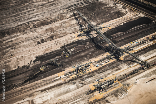 Aerial landscape of coal strip mine and large mining equipment. Welzow, Germany photo