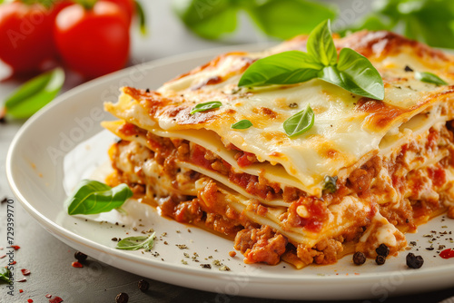 Piece of tasty hot lasagna. Traditional italian lasagna. Italian food. Close up lasagna. Bolognese sauce. Bechamel sauce. Still life of food. Homemade meat lasagna