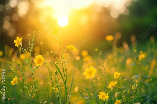 Abstract soft focus sunset field landscape of yellow flowers and grass meadow warm golden hour sunset sunrise time. Tranquil spring summer nature closeup and blurred forest background. Idyllic nature © Areesha