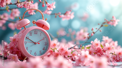 Old pink retro alarm clock and beautiful pink cherry flowers against a blurred blue background, the awakening of spring concept