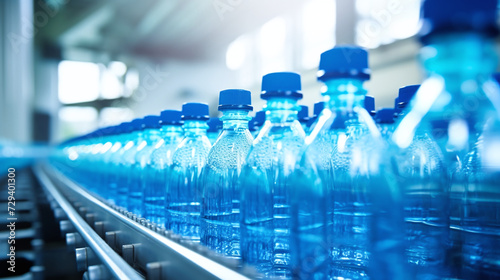 Line of blue plastic bottles in a clean light factory.