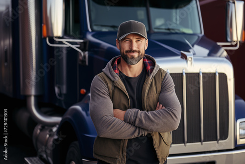 Young male truck driver standing in front of his truck.