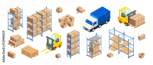 Isometric warehouse and delivery elements set. Vector 3d storage infographics, cargo logistics transport concept. Forklift, pallets, carton boxes, parcel, shelves, truck isolated for web site, app, ad
