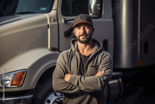 Young male truck driver standing in front of his truck